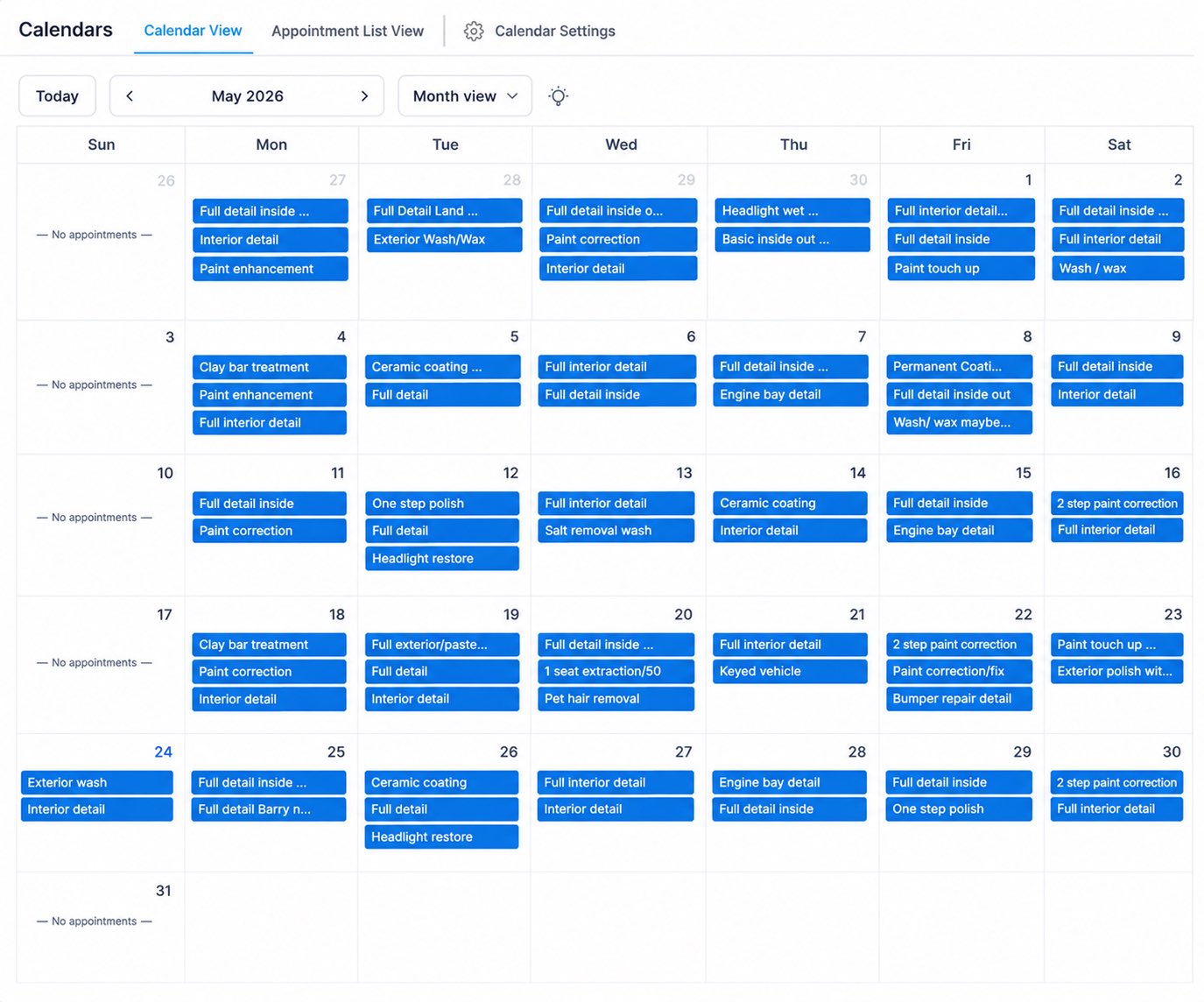CRM calendar showing a fully booked appointment schedule for an auto shop