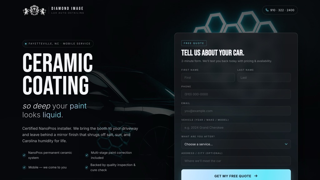 Custom website landing page for an automotive appearance shop